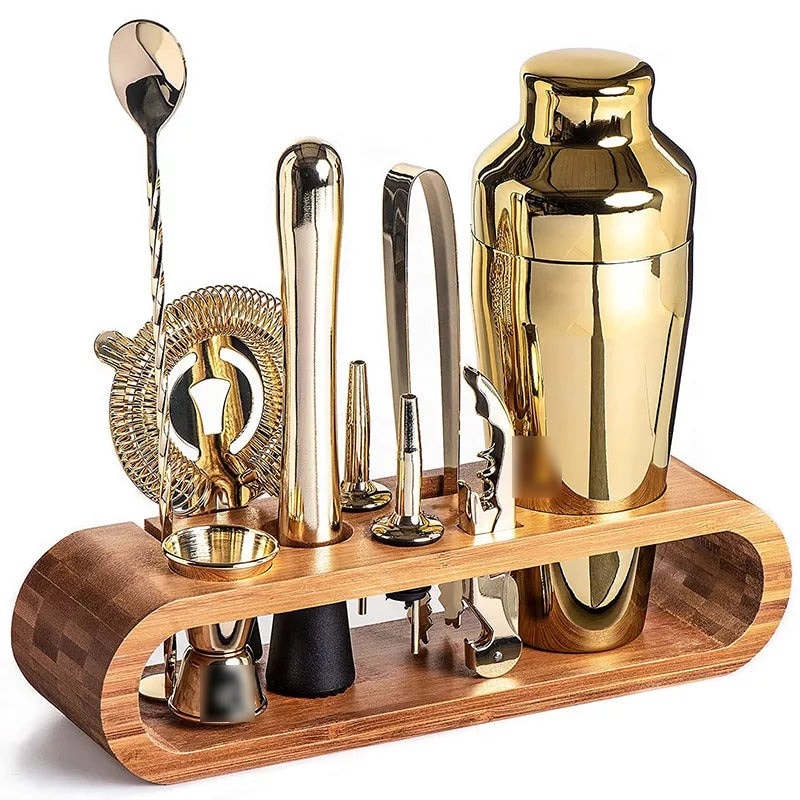 Stainless Steel Cocktail Shaker Set with Bamboo Stand | Home Bar Tool Kit