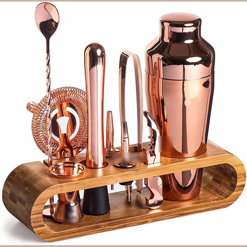 Stainless Steel Cocktail Shaker Set with Bamboo Stand | Home Bar Tool Kit