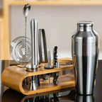 Stainless Steel Cocktail Shaker Set with Bamboo Stand | Home Bar Tool Kit