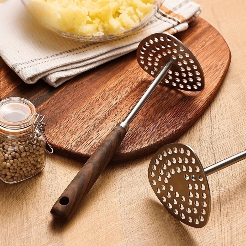 Stainless Steel Potato Masher with Wooden Handle for Smooth Lump Free Mash