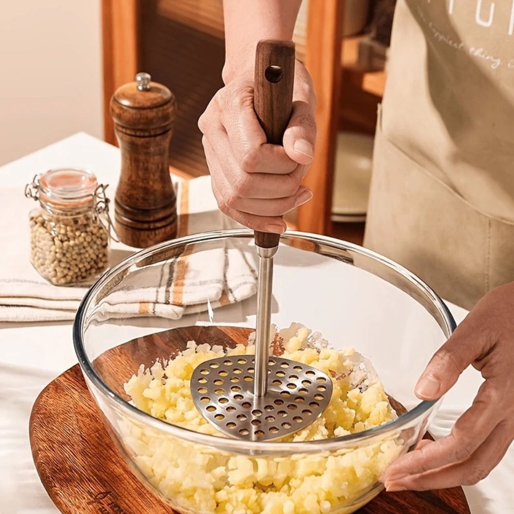 Stainless Steel Potato Masher with Wooden Handle for Smooth Lump Free Mash