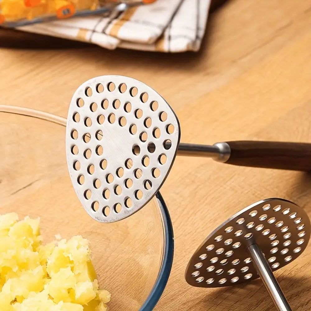 Stainless Steel Potato Masher with Wooden Handle for Smooth Lump Free Mash
