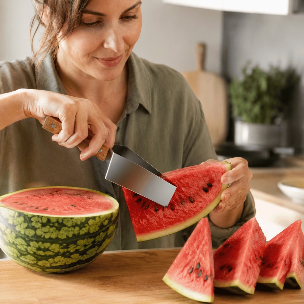 Stainless Steel Watermelon Slicer with Wooden Handle for Melon and Fruit