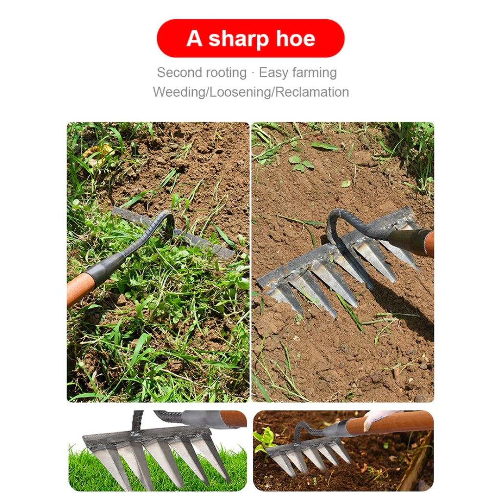 Steel Weeding Rake Hoe with Sharp Tines and Solid Wood Handle for Garden Beds