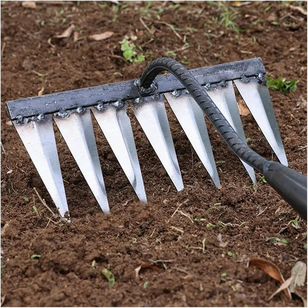 Steel Weeding Rake Hoe with Sharp Tines and Solid Wood Handle for Garden Beds