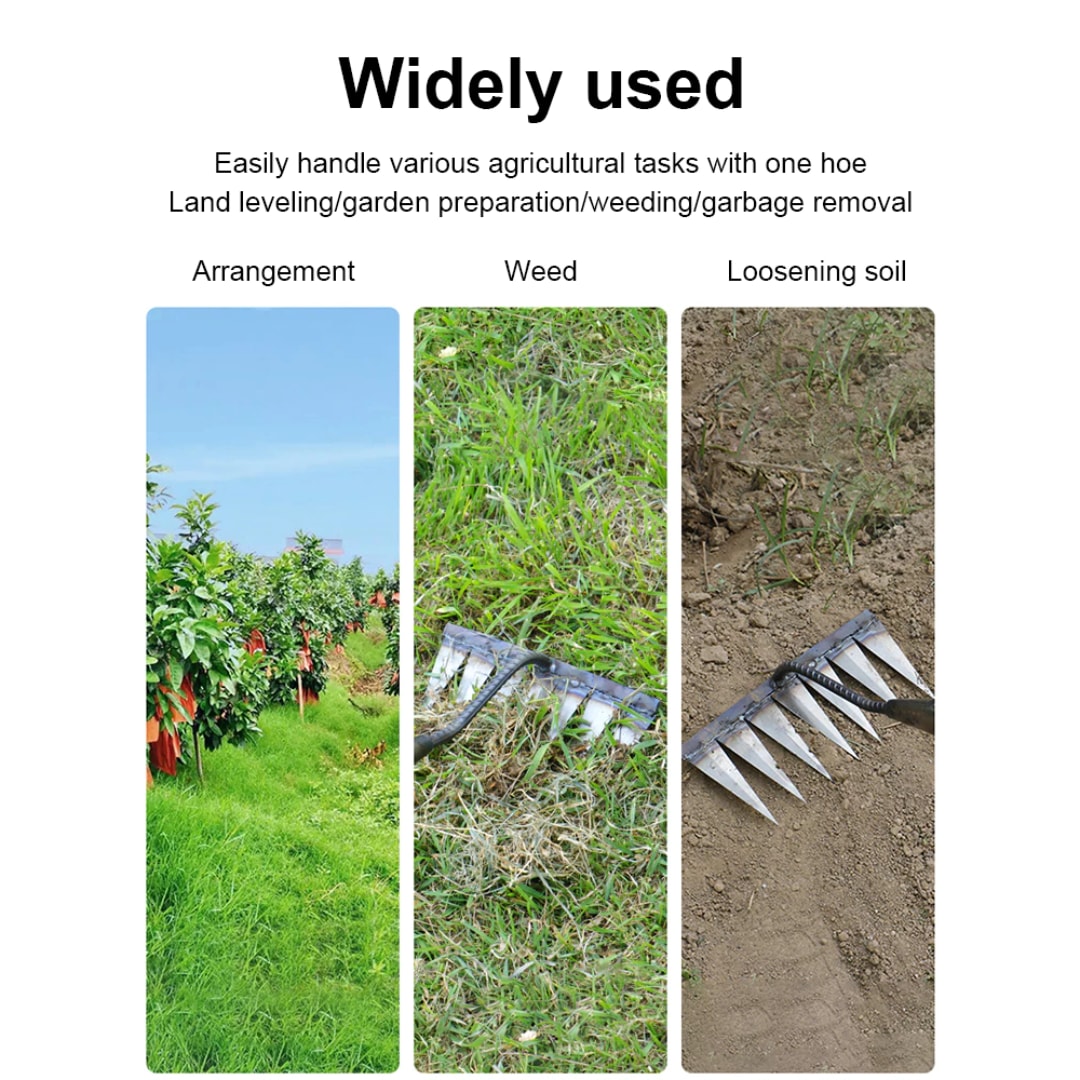 Steel Weeding Rake Hoe with Sharp Tines and Solid Wood Handle for Garden Beds