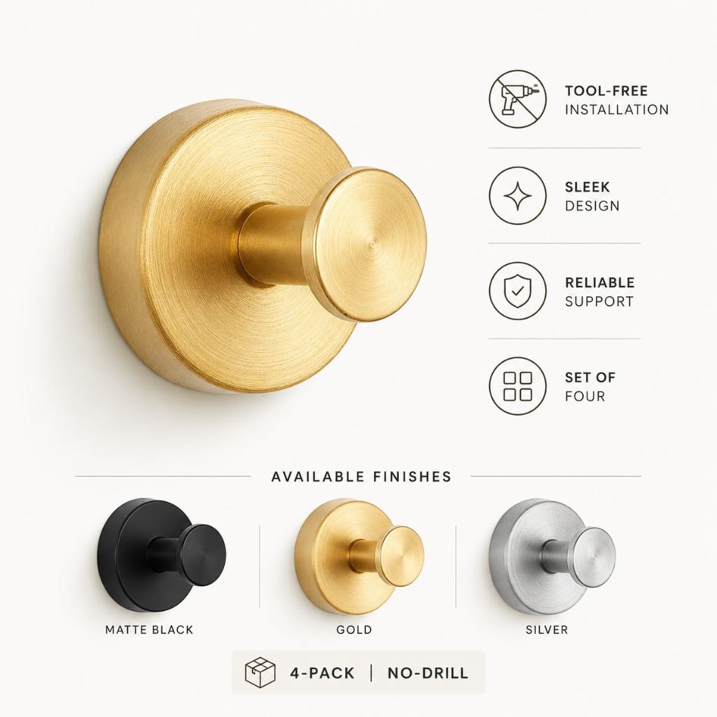 Suction Cup Wall Hooks Set with Brushed Metal Look for Bathroom Towels