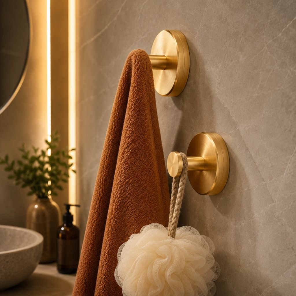 Suction Cup Wall Hooks Set with Brushed Metal Look for Bathroom Towels