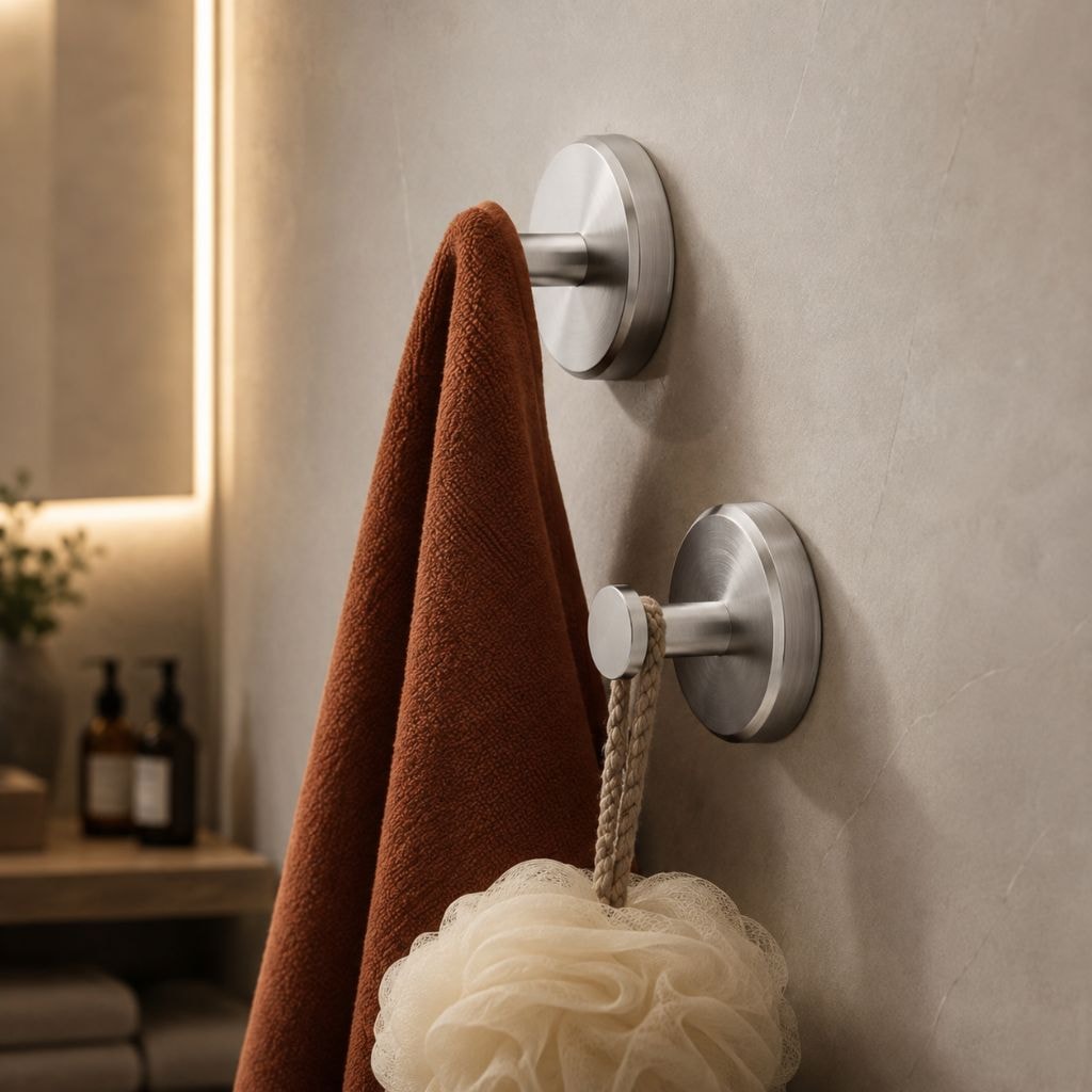 Suction Cup Wall Hooks Set with Brushed Metal Look for Bathroom Towels
