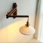 Swing Arm Wooden Wall Light with Pleated Ceramic Shade and Brass Holder