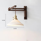 Swing Arm Wooden Wall Light with Pleated Ceramic Shade and Brass Holder