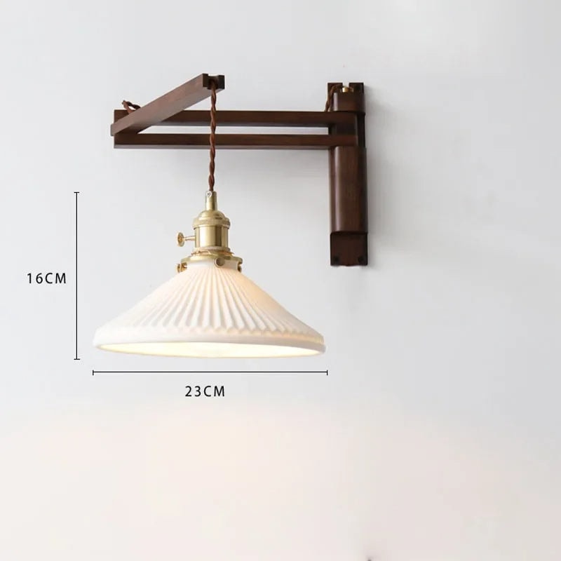 Swing Arm Wooden Wall Light with Pleated Ceramic Shade and Brass Holder