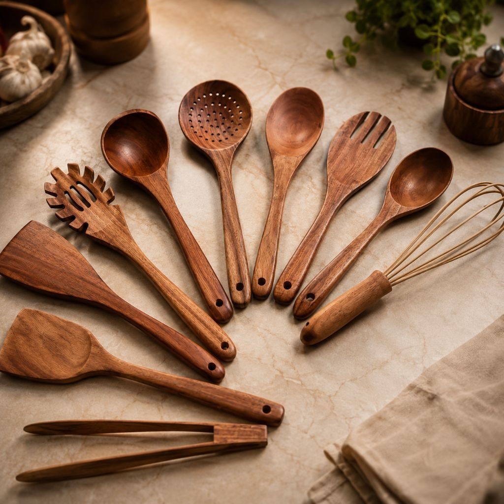 Teak Wooden Kitchen Utensil Set with Spatulas and Spoons for Non Stick Pans