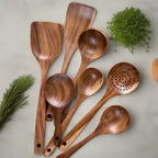 Teak Wooden Kitchen Utensil Set with Spatulas and Spoons for Non Stick Pans