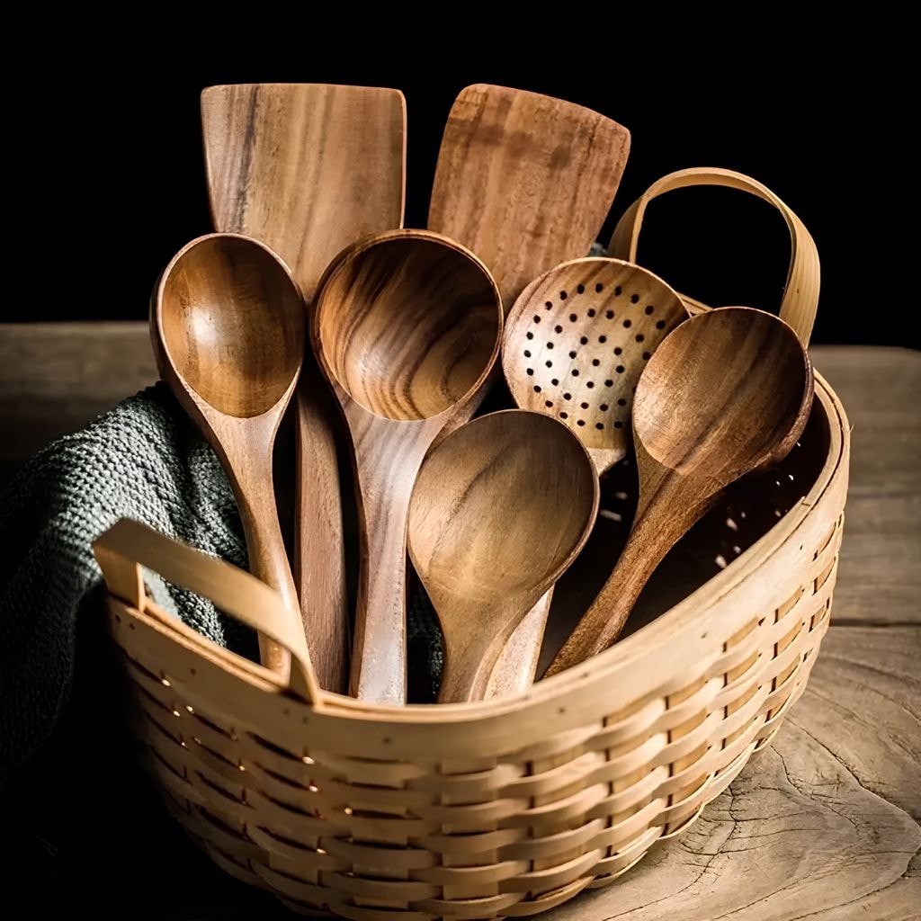 Teak Wooden Kitchen Utensil Set with Spatulas and Spoons for Non Stick Pans