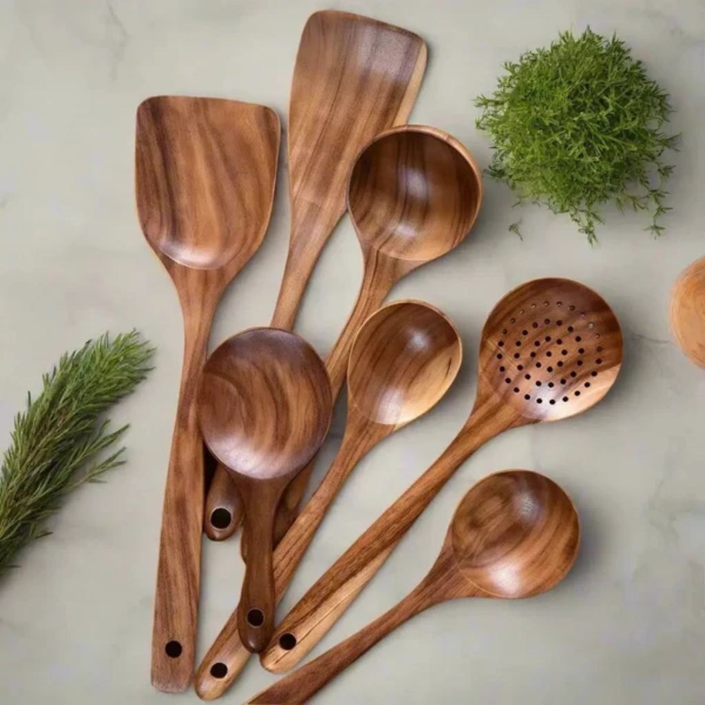 Teak Wooden Kitchen Utensil Set with Spatulas and Spoons for Non Stick Pans