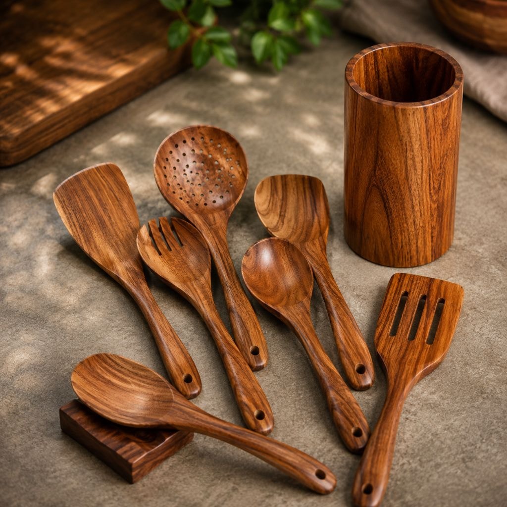 Teak Wooden Kitchen Utensil Set with Spatulas and Spoons for Non Stick Pans