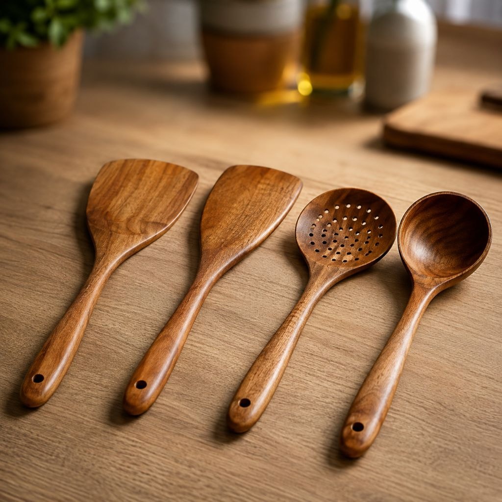 Teak Wooden Kitchen Utensil Set with Spatulas and Spoons for Non Stick Pans