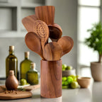 Teak Wooden Kitchen Utensil Set with Spatulas and Spoons for Non Stick Pans
