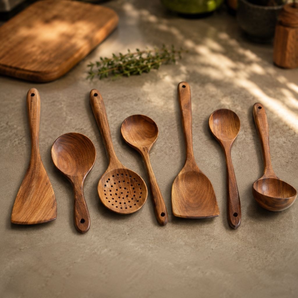 Teak Wooden Kitchen Utensil Set with Spatulas and Spoons for Non Stick Pans