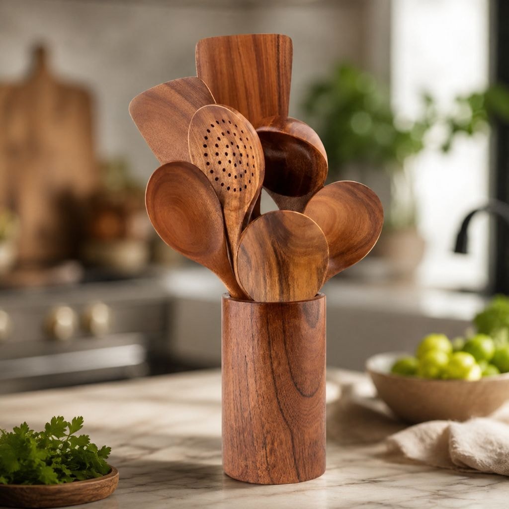 Teak Wooden Kitchen Utensil Set with Spatulas and Spoons for Non Stick Pans
