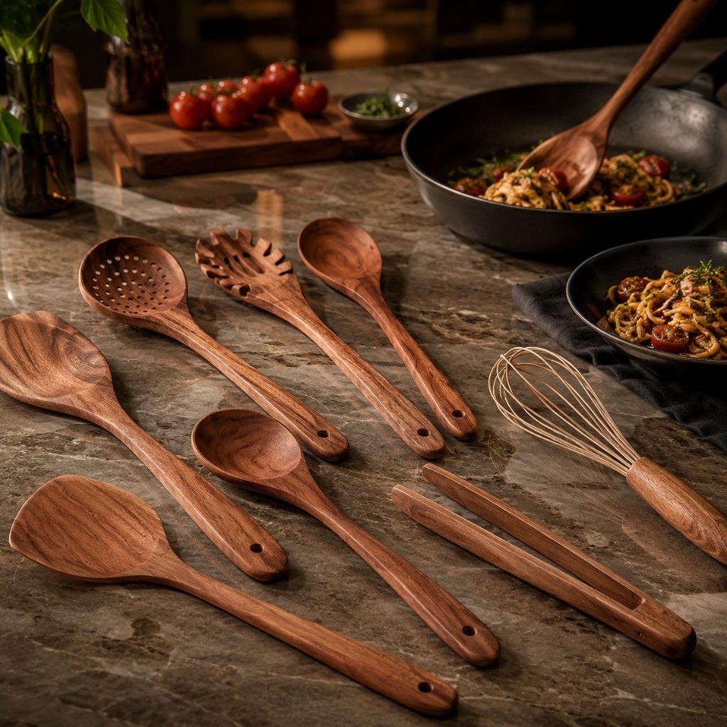 Teak Wooden Kitchen Utensil Set with Spatulas and Spoons for Non Stick Pans