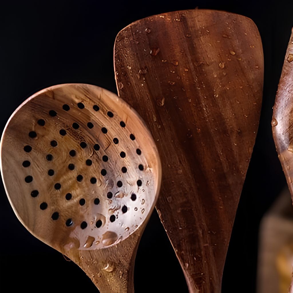 Teak Wooden Kitchen Utensil Set with Spatulas and Spoons for Non Stick Pans