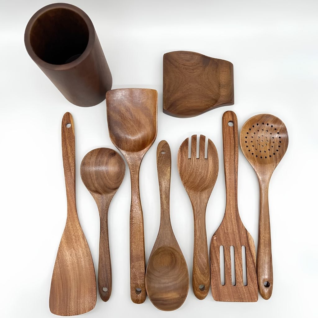 Teak Wooden Kitchen Utensil Set with Spatulas and Spoons for Non Stick Pans