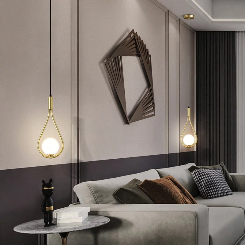 Teardrop Pendant Light with Opal Glass Globe for Bedside and Dining Table