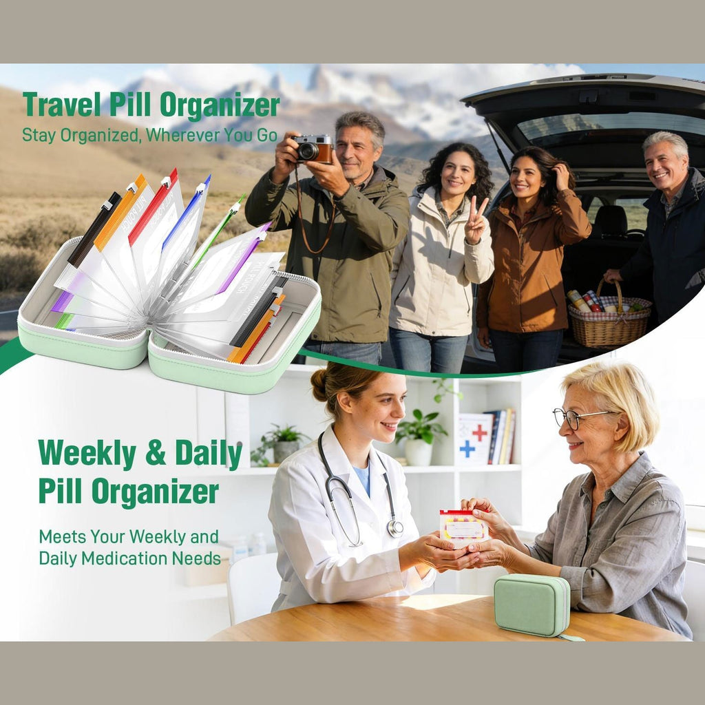 Travel Pill Organiser Case with Zip and Labelled Pouches for Weekly Medication