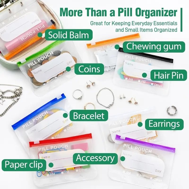 Travel Pill Organiser Case with Zip and Labelled Pouches for Weekly Medication