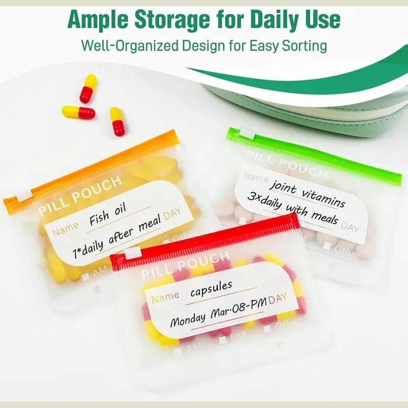 Travel Pill Organiser Case with Zip and Labelled Pouches for Weekly Medication