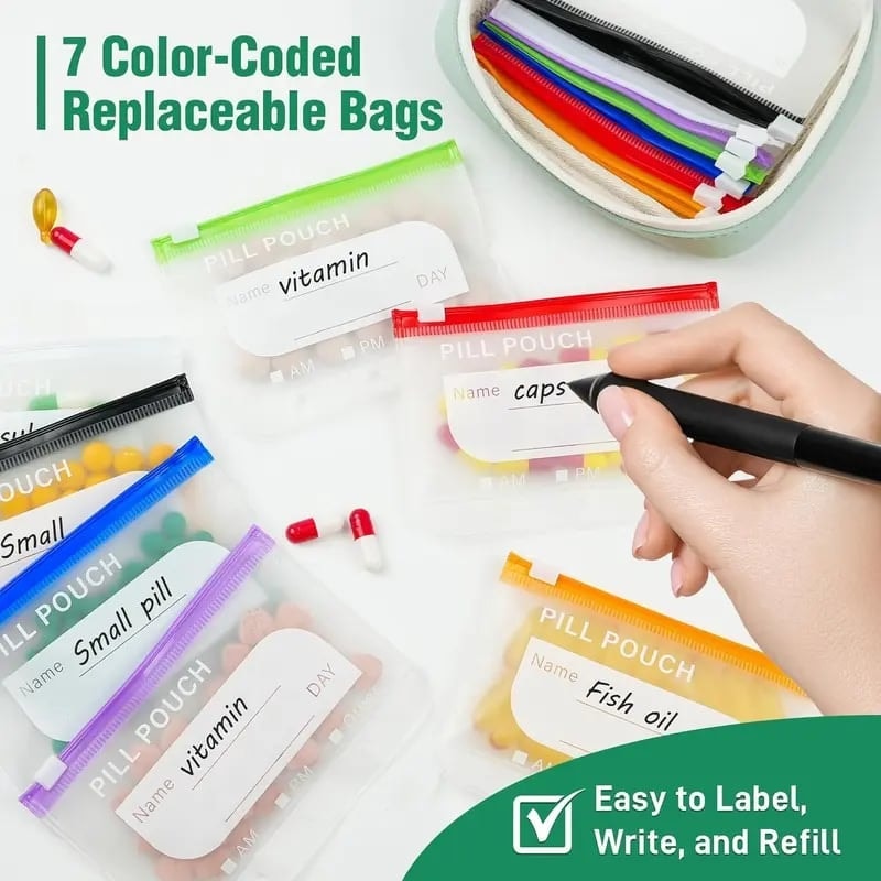 Travel Pill Organiser Case with Zip and Labelled Pouches for Weekly Medication