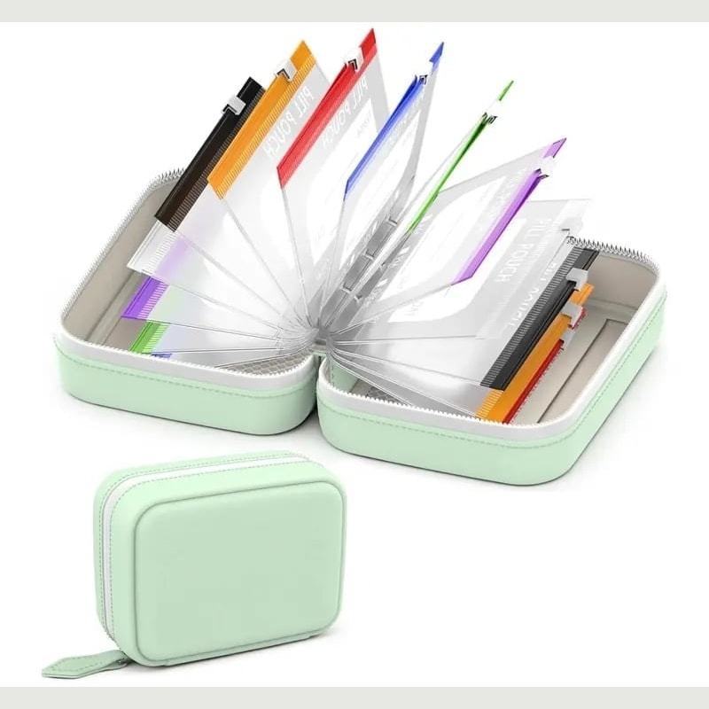 Travel Pill Organiser Case with Zip and Labelled Pouches for Weekly Medication