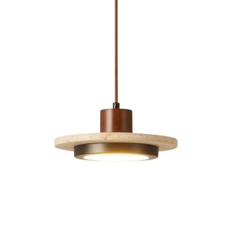 Travertine Disc LED Pendant Light with Walnut Wood Cap for Bedside or Dining