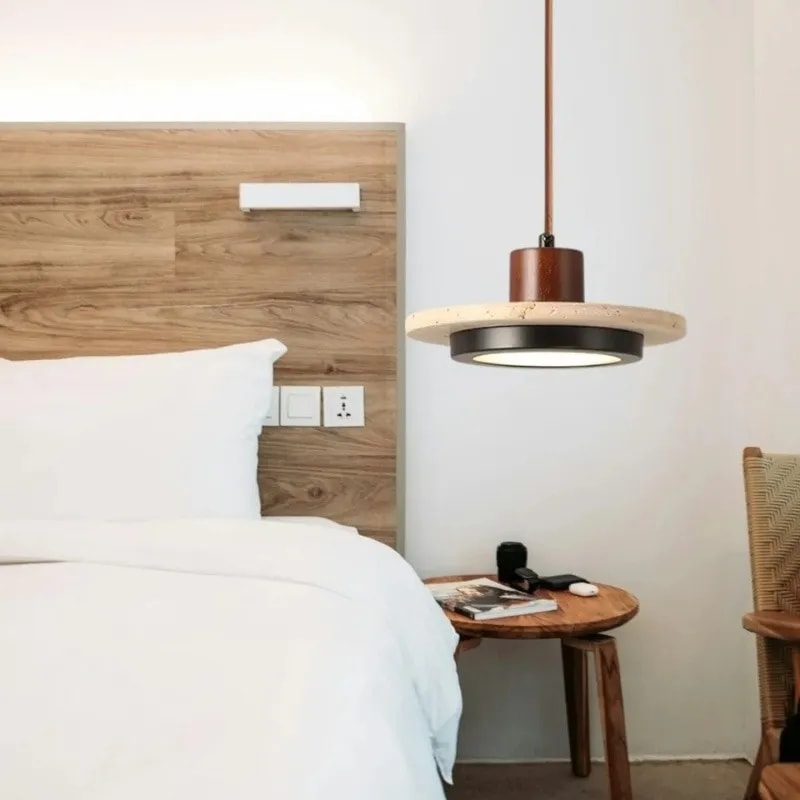 Travertine Disc LED Pendant Light with Walnut Wood Cap for Bedside or Dining