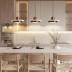 Travertine Disc LED Pendant Light with Walnut Wood Cap for Bedside or Dining