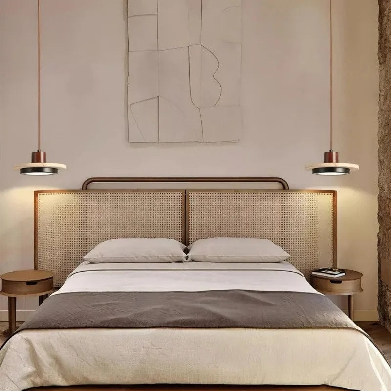 Travertine Disc LED Pendant Light with Walnut Wood Cap for Bedside or Dining