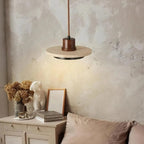 Travertine Disc LED Pendant Light with Walnut Wood Cap for Bedside or Dining