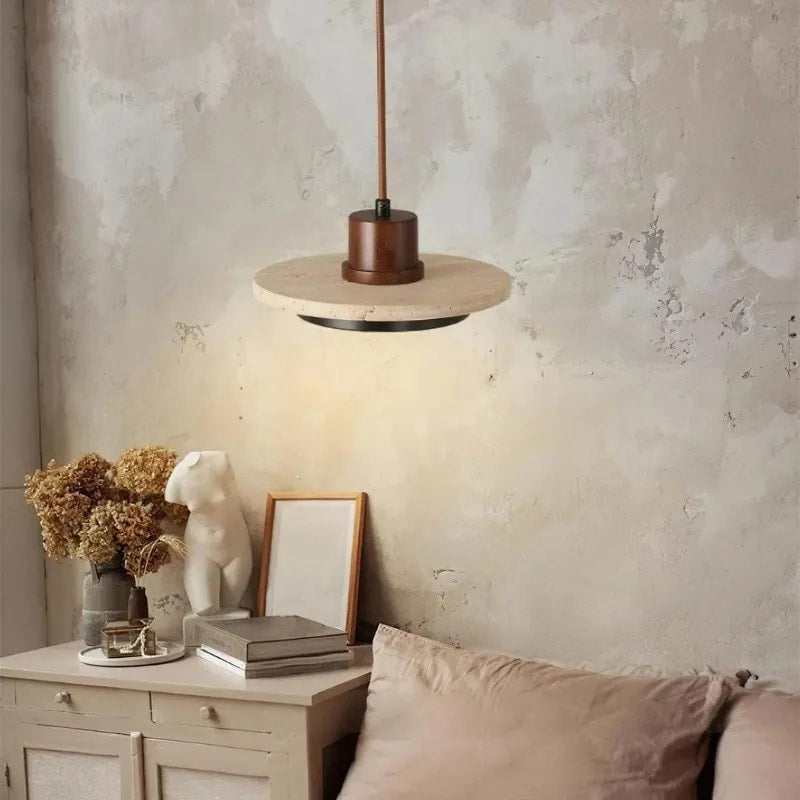 Travertine Disc LED Pendant Light with Walnut Wood Cap for Bedside or Dining