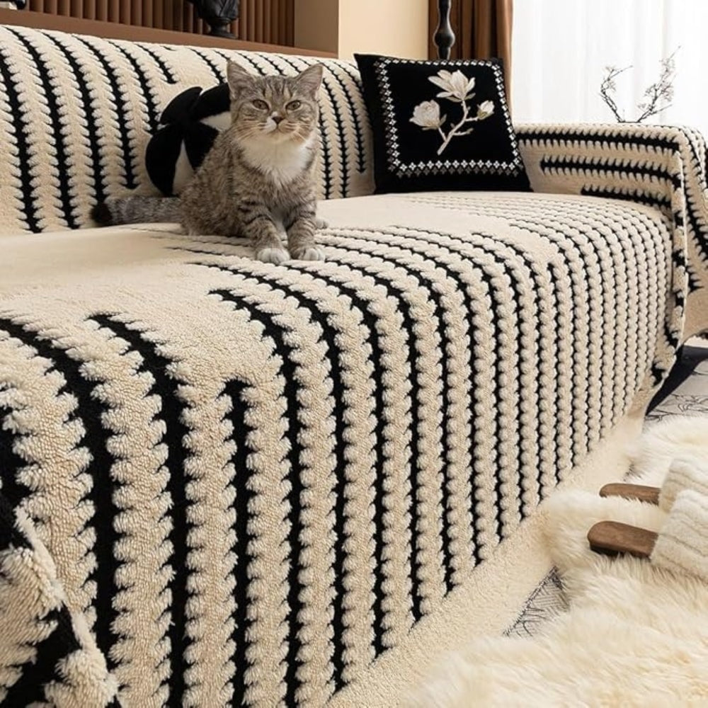 Tufted Plush Sofa Cover with Wave Stripe Pattern and Non Slip Backing