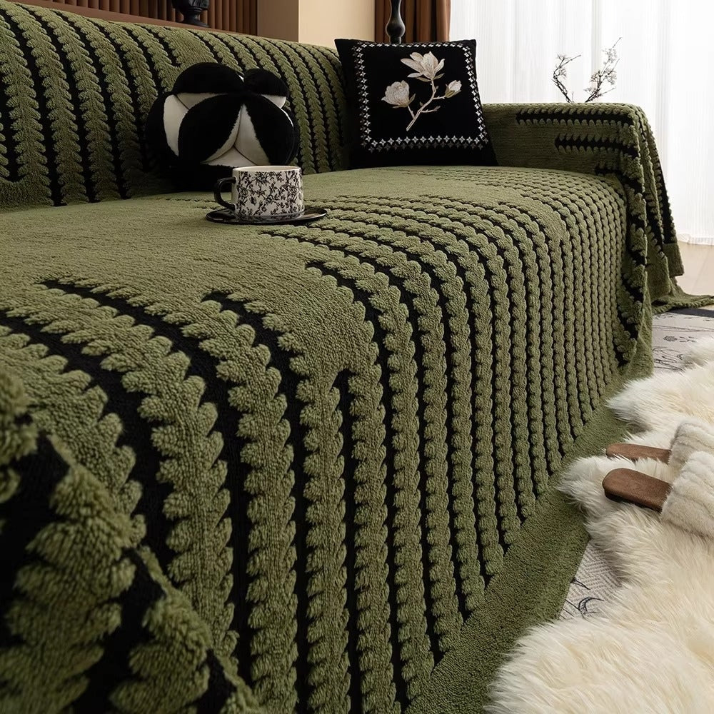 Tufted Plush Sofa Cover with Wave Stripe Pattern and Non Slip Backing