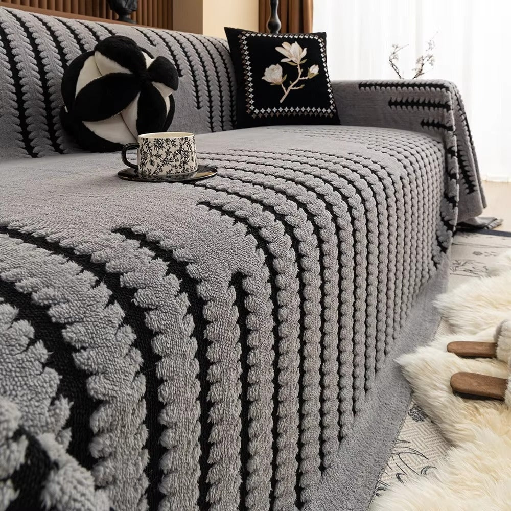 Tufted Plush Sofa Cover with Wave Stripe Pattern and Non Slip Backing