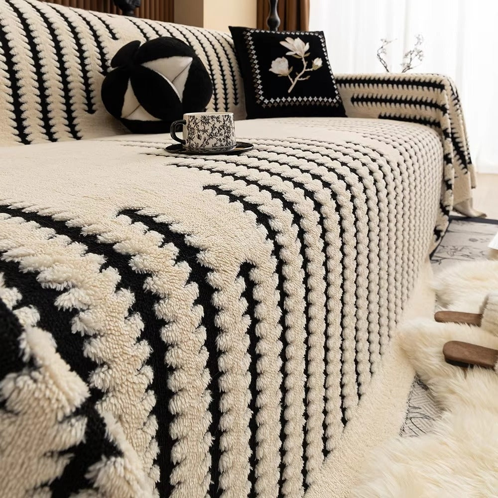 Tufted Plush Sofa Cover with Wave Stripe Pattern and Non Slip Backing