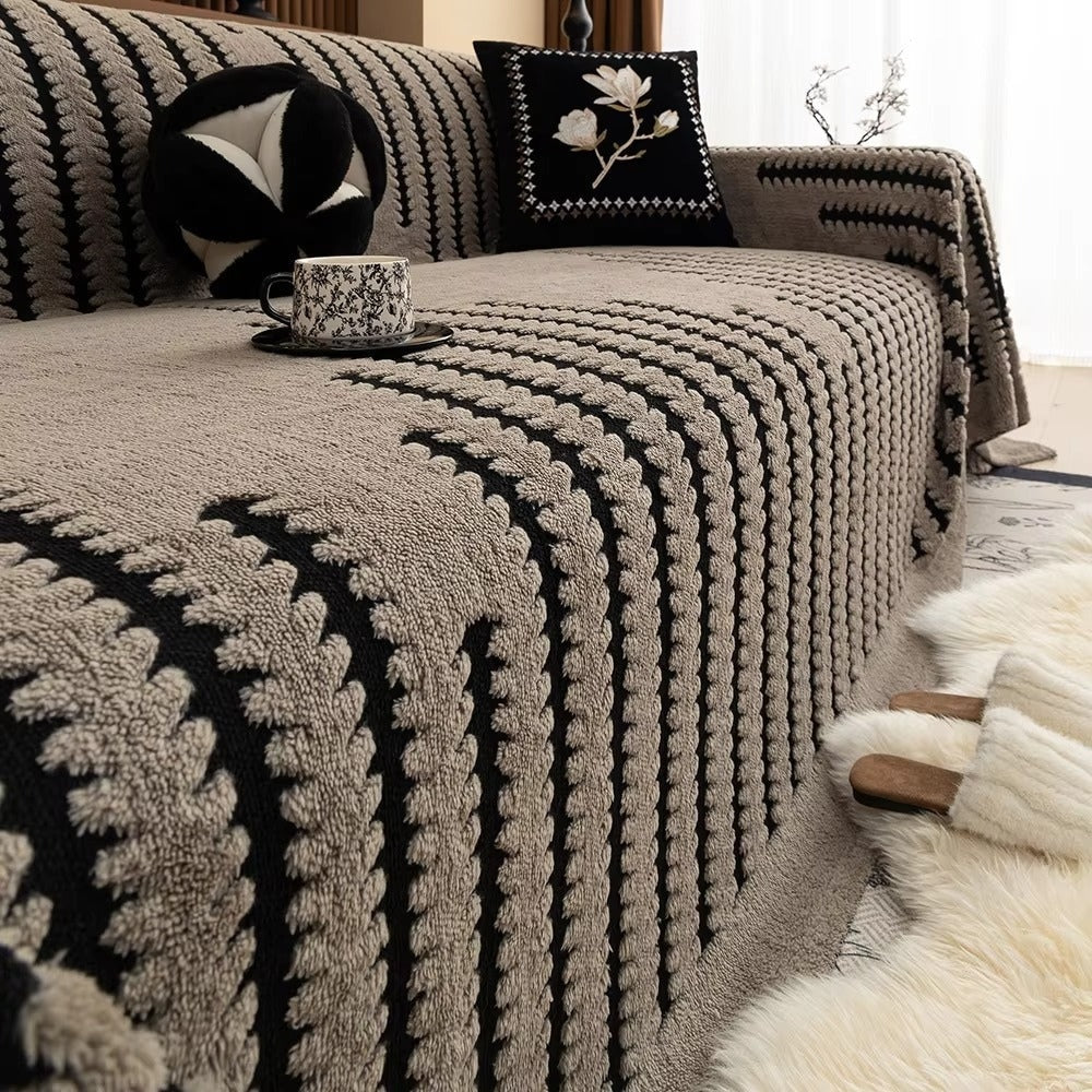 Tufted Plush Sofa Cover with Wave Stripe Pattern and Non Slip Backing