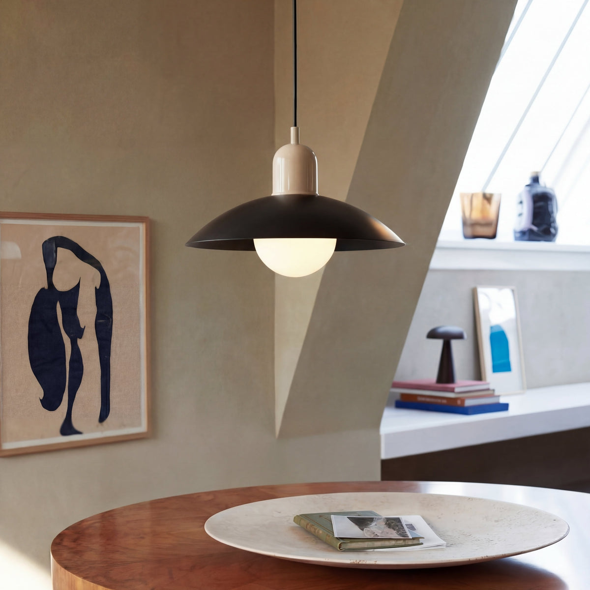 Two Tone Metal Pendant Light with Wide Dome Shade and Opal Globe for Dining Room