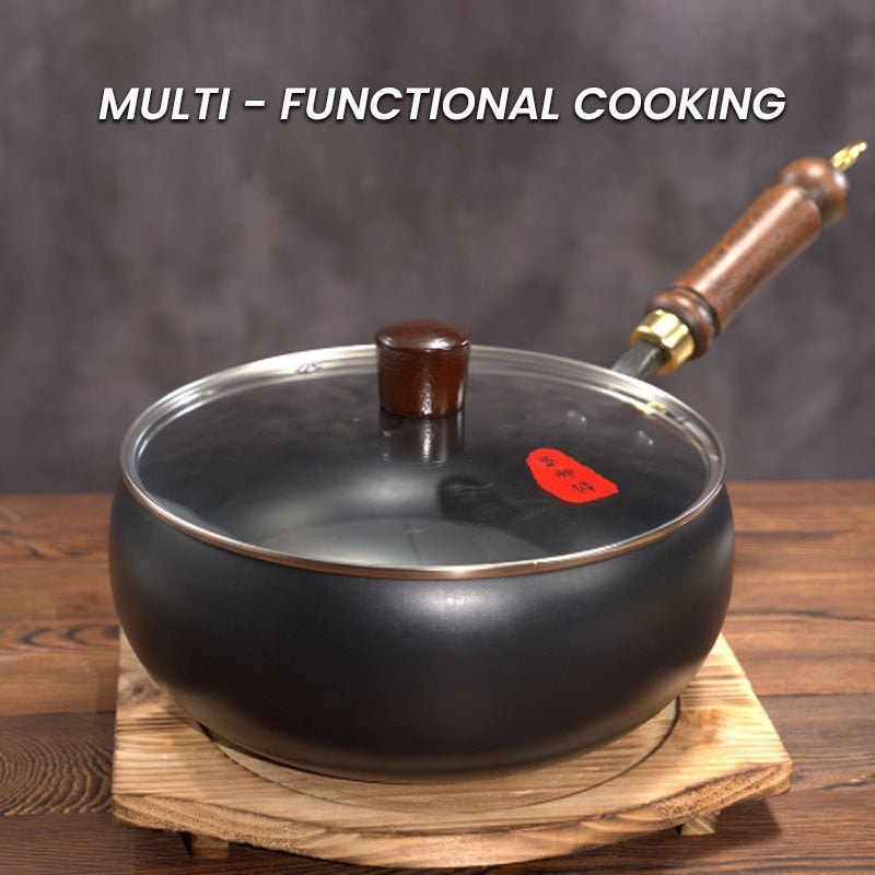 Uncoated Iron Cooking Pot with Glass Lid and Wooden Handle for All Hob Types