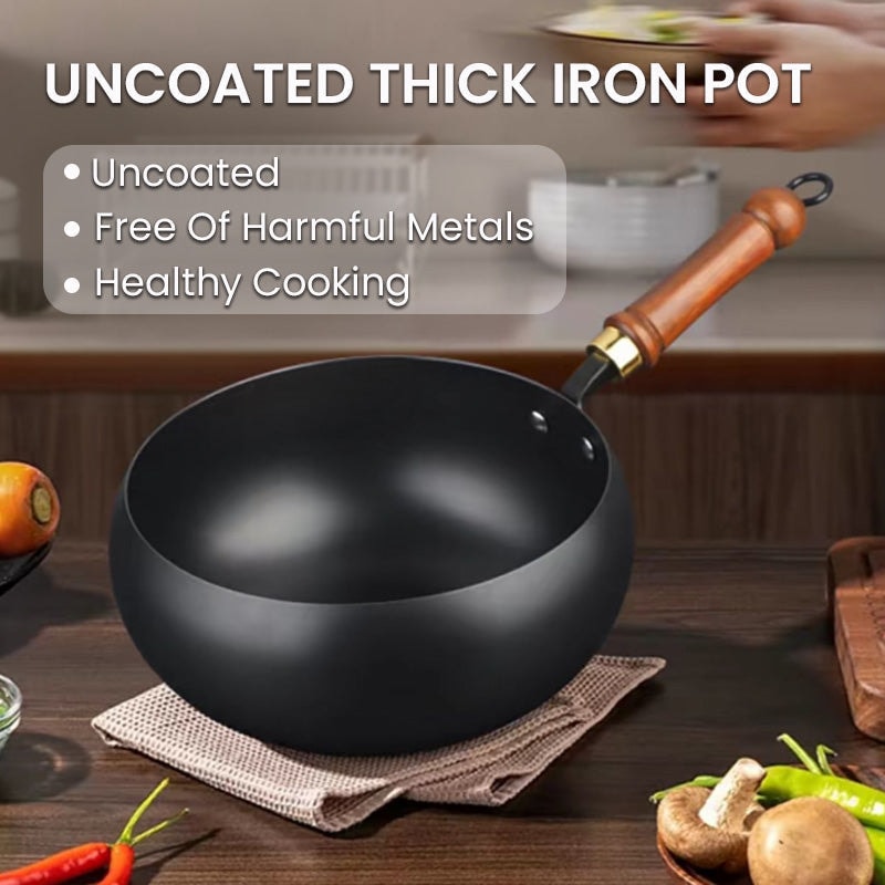 Uncoated Iron Cooking Pot with Glass Lid and Wooden Handle for All Hob Types