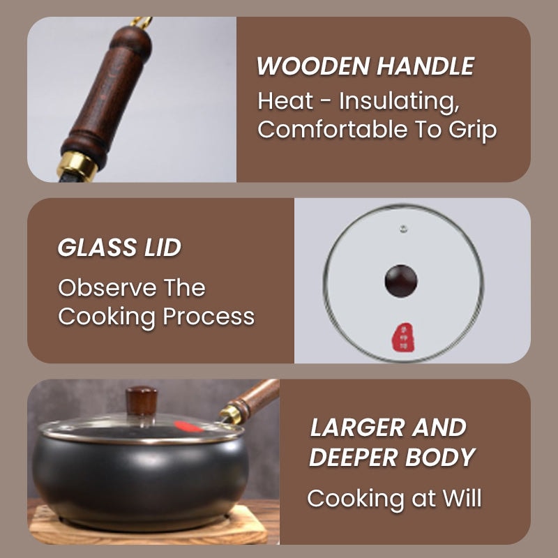 Uncoated Iron Cooking Pot with Glass Lid and Wooden Handle for All Hob Types
