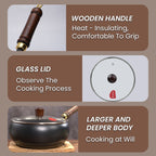 Uncoated Iron Cooking Pot with Glass Lid and Wooden Handle for All Hob Types